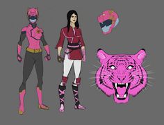 the pink tiger and woman are standing next to each other, with masks on their faces