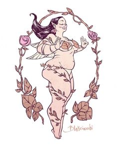 a drawing of a woman with flowers around her