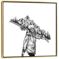 a drawing of a man carrying skis on his back with mountains in the background