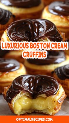 there are several different types of desserts on the table with text overlay that reads, luxurious boston cream cruffles