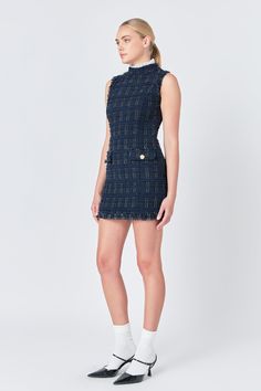 Effortlessly elegant and chic, our Lace Detail Tweed Mini Dress is sure to turn heads. The mini length shows off your legs, while the removable lace adds a touch of flirty femininity. Made from high-quality tweed, it's soft, comfortable, and perfect for any occasion. The mock neck band adds a sophisticated touch and elevates the overall look. With its versatile design and superior craftsmanship, this dress will become your go-to for any event. Stand out from the crowd in style and shop our Lace Tweed Mini Dress, Knitwear Trends, Knit Loungewear, Strapless Bodycon Dress, Event Stand, Denim Sweater, Rose Lace, Tweed Dress, Leather Dresses