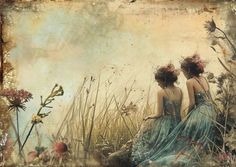 two women are sitting in tall grass looking at flowers and birds flying over the water