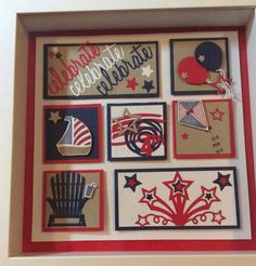 a red, white and blue framed art piece with patriotic designs on it's sides