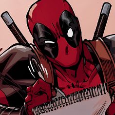 the deadpool character is holding two baseball bats in his right hand and looking down