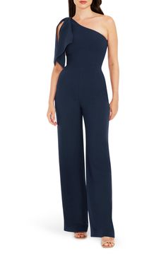 An elegant one-shoulder neckline and figure-skimming silhouette style a sophisticated jumpsuit with two panels that cascade over the single shoulder. 63 1/2" length; 34" inseam; 22 1/2" leg opening (size Medium) One-shoulder neck Sleeveless Lined 97% polyester, 3% spandex Dry clean Imported Elegant Solid Strapless Jumpsuit For Evening, One-shoulder Jumpsuits And Rompers For Evening, Chic Blue Strapless Jumpsuit For Evening, Elegant One-shoulder Blue Jumpsuits And Rompers, Elegant Blue One-shoulder Jumpsuit, Elegant Blue Strapless Jumpsuit, Elegant One-shoulder Jumpsuit For Night Out, Elegant One Shoulder Jumpsuit For Night Out, Elegant One-shoulder Jumpsuits And Rompers For Night Out