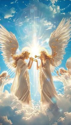 two angels playing trumpet in the sky with white clouds and sun shining behind them,