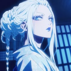 an anime character with long white hair and blue eyes looks into the distance while standing in front of a window