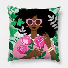 A woman dressed in pink and sunglasses, carries a bunch of pink roses. She is surrounded by green ivy plants. -- Choose from our vast selection of throw pillows to match with your desired size to make the perfect custom pillow. Pick your favorite: Movies, TV Shows, Art, and so much more! Available in extra small, small, medium, large. For beds, couches/sofas, love seats, and chairs. Perfect for decoration. Pink People, Plant Clip Art, Magenta Painting, Ivy Plants, Green Ivy, Pink Apple, Pink Tea, Petal Flower, Green Pillows