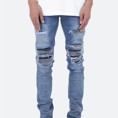 Brand New With Tags In Retail Packaging. Ripped Denim Bottoms For Streetwear, Ripped Denim Jeans For Streetwear, Mnml Jeans, Ripped Pants, Money On My Mind, Pants Color, Retail Packaging, New Man, Denim Blue