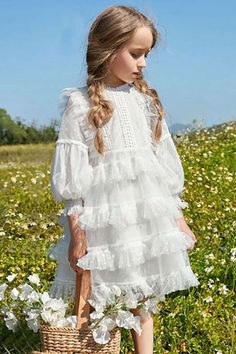 Girls White Dotted Tulle Birthday Party Dress - Lilliput Petite Tutu Frocks, Long Puff Sleeve Dress, Cake Layers, Cupcake Dress, Girls White Dress, Kid Clothes, Dress Cake, Sleeves Dress, Layer Dress