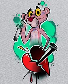 a drawing of a cartoon character holding a knife and heart with blood on it's side