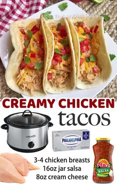 three chicken tacos on a plate next to a crock pot and seasoning