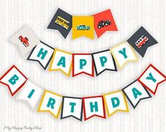 a happy birthday banner with cars and trucks