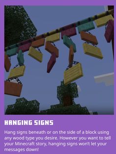 an image of hanging signs in minecraft with text overlay that reads hang signs beneath or on the side of a block using any word type you desired