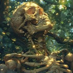 a skeleton sitting on top of a pile of bones in front of a tree filled with leaves