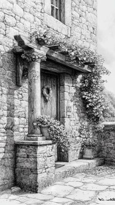 a black and white drawing of an old stone house with ivy growing on the windows