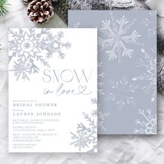 the snow in love bridal shower is shown with pine cones