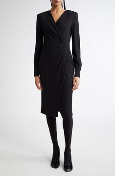 Easily move from desk to dinner in this long-sleeve LBD crafted in a faux-wrap design from smooth jersey. Hidden back-zip closure Surplice V-neck Long sleeves with one-button cuffs Lined 76% viscose, 13% wool, 11% polyamide Dry clean Imported Designer Clothing Fall Workwear Dresses In Elastane, Fall Elastane Dress For Work, Fall Workwear Dress Made Of Elastane, Elegant Elastane Dress With Surplice Neckline, Elegant Dress With Surplice Neckline In Elastane, Long Sleeve Lbd, Long Sleeve Wrap Dress, Favorite Daughter, Maternity Shops