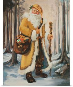 a painting of a man dressed as santa claus in the snow with a bag and cane