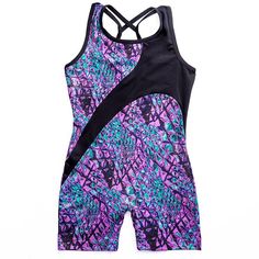 a purple and black one piece swimsuit with an abstract design on the front,