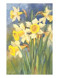 a painting of daffodils in a vase on a blue and green background