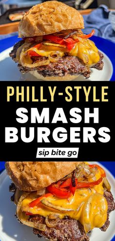 Smashed Philly Cheesesteak Burgers Griddle Recipe for Traeger Flatrock with Sip Bite Go logo and text overlay Steak Burgers Recipe Philly Cheese, Philly Cheese Steak Burgers, Smash Burger Sliders Recipe, Philly Cheese Steak Burger Recipe, Farm Meals, Burger Recipes Seasoning, Burger Sliders Recipes, Smashed Burgers