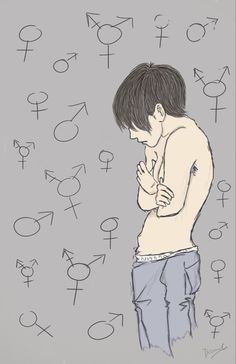 a drawing of a shirtless boy standing in front of an array of zodiac symbols