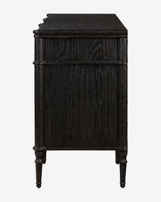 a black wooden cabinet with two drawers and one drawer on the bottom, in front of a white background