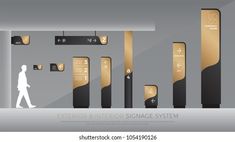 the interior and exterior signage system is shown in gold, black and silver colors with an image of a woman walking