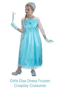 This Girls Elsa Dress Frozen Cosplay Costume is composed of dress, cape, crown, necklaces, gloves, earings, bracelets, braids, magic wands. Well-made and cute design. Your girl will be beautiful when wearing this dress. It is a good gift for your kids. Buy it now! Blue Fancy Dress