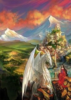 a white dragon sitting on top of a rock next to a castle in the sky