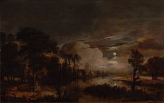 a painting of a river with trees and clouds in the sky at night, near a forest