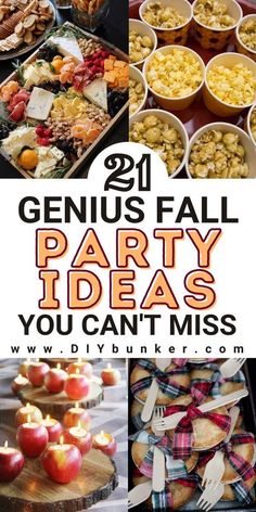 an image of party food and desserts with the words genius fall party ideas you can't miss