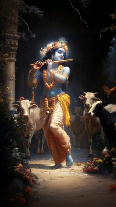 a painting of a hindu god playing the flute in front of some cows and trees