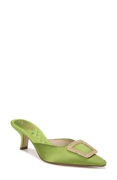 A gleaming metallic buckle enhances the timeless sophistication of this stunning mule. 2 1/4" heel Textile upper/synthetic lining and sole Imported Green Mules, Holiday Heels, Dress Mules, Bride Accessories, Slip On Mules, French Decor, Shoes Heels Pumps, Green Satin, Mules Shoes