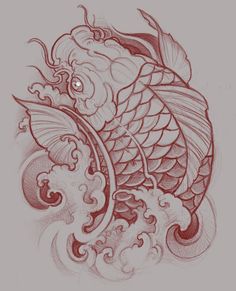 a drawing of a koi fish with waves in it's body and eyes