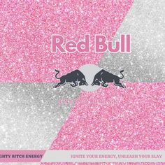 the red bull logo is shown on a pink and white background with silver glitters