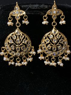 rani haar made using cz polki with fresh water pearls 22ct gold plated length is 13 inches on each side long ships in 3-4 weeks from Levittown Pennsylvania Traditional Hand Set White Pearl Earrings, Kundan Pearl Earrings With Stone Work For Festivals, Traditional White Hand-set Pearl Earrings, White 22k Gold Kundan Necklace With Intricate Design, Bollywood Style Hand Set Pearl Necklace For Celebration, Elegant Pearl Drop Tikka For Festive Occasions, Traditional Hand Set Kundan Pearl Earrings, Bollywood Bridal Necklace With Pearl Drop, Elegant Chandbali Tikka With Pearl Drop