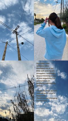 the back of a woman's blue jacket standing in front of power lines and telephone poles