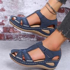 Women's Sandals Wedge Sandals Platform Sandals Outdoor Daily Beach Solid Color Summer Embroidery Wedge Heel Round Toe Elegant Casual Minimalism Faux Leather Magic Tape Black Blue Purple 2023 - US $24.99 Peep Toe Wedge Sandals, Women Platform Sandals, Crochet Sandals, Sandal Platform, Platform Wedge Sandals, Sport Sandals, Casual Sandals, Styl Vintage, Blue Shoes