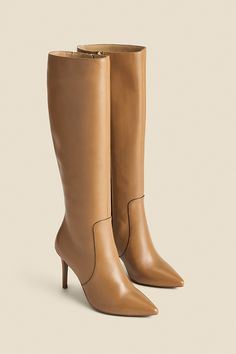 Tan Leather Stiletto Knee High Boots Stiletto Knee High Boots, Night Luxe, Converse Shop, Cherry On Top, Boot Accessories, Wide Fit Boots, Wide Boots, Rubber Heels, Boot Shop