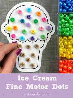 an ice cream cone craft with buttons in it and the words ice cream fine motor dots