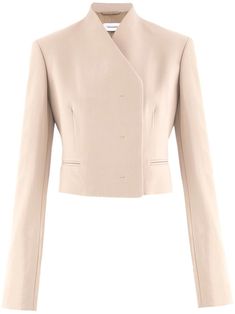 sand beige virgin wool/silk V-neck concealed front fastening two front welt pockets long sleeves Cool Coats, Peplum Blazer, Asymmetric Jacket, Beige Blazer, Blazer Beige, Green Blazer, Silk Jacket, Fitted Blazer, Sand Beige