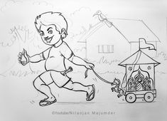 a drawing of a boy running with a dog in front of him and a baby carriage behind him