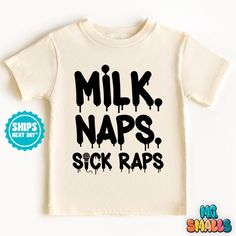 Funny Kids Shirt, Rap Hip Hop Shirt for Toddlers, Babies Milk Naps Sic Raps Shirt, Trendy Kids Shirt Gift for Toddler, Music Tshirt Gift for Hip Hop Loving Parents, Toddler gift, Baby Shower Gift, Funny Kids Gift  #0018 ✨ WELCOME TO OUR SHOP- M.C. Smalls ✨ Our goal is to design for you premium baby, toddler & youth clothing for all occasions. 📦PRODUCTION TIME & SHIPPING📦 Made to order- Please allow 1-3 business days for your order to be completed. Depends on the shipping method chosen and dest Toddler Music, Music For Toddlers, Rapper Shirts, Music Tshirt, Loving Parents, Funny Kids Shirts, Rap Shirt, Toddler Size Chart, Hip Hop Shirts