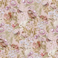 an animal themed wallpaper with many different animals and flowers on the pink background,