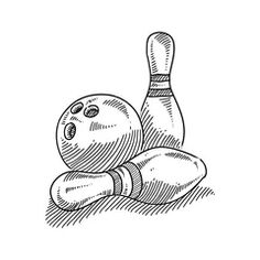 a drawing of a bowling ball and skittle