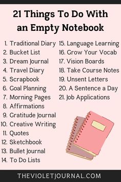 a pink notebook with the words 21 things to do with an empty notebook