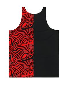 Turn up the heat with the Hypnotic Split T-Shirt, perfect for making a bold statement at Lost Lands or any rave. This crew neck tee features a striking red and black split design with a hypnotic wavy pattern on one side and solid black on the other. With its smooth, stretchy fabric, this tee blends comfort with style, making it a must-have for any festival outfit. Made from 95% polyester and 5% elastane for a soft, comfortable fit Premium knit mid-weight jersey fabric for a quality feel Four-way Casual Black Tops With Abstract Print, Trendy Black Tops With Abstract Print, Red Casual Tank Top For Streetwear, Trendy Black Top With Abstract Print, Black Crew Neck Top With Abstract Print, Trendy Red Tops With Graphic Design, Stretch Black Printed Tank Top, Red Fitted Tank Top For Streetwear, Red Tank Top For Streetwear In Summer