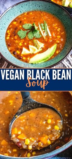 vegan black bean soup with avocado and cilantro in a blue bowl